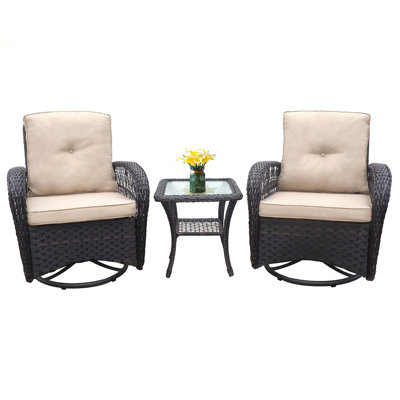 Ensemble de conversation 3 pièces, ensemble bistro pour terrasse, chaise berçante avec plateau en verre