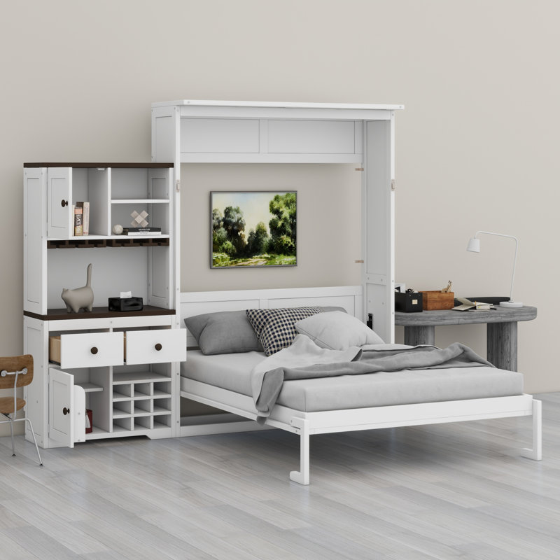 Lit escamotable avec armoire de rangement, support à vin, porte-verre, tiroirs et bande à DEL multicolore, Blanc