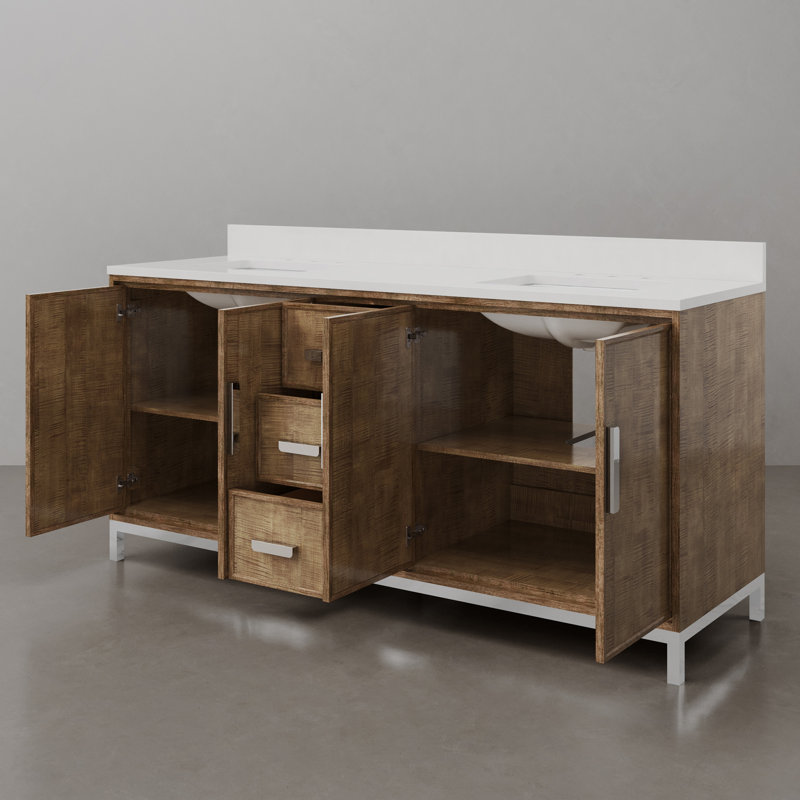 Brookhn Meuble-lavabo à double cuve en quartz noyer lustré Whitebrook