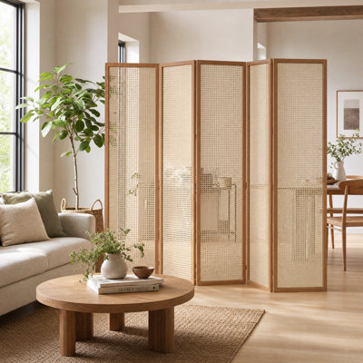 4 Panel Wood Room Divider - 5.6 Ft Tall Folding Privacy Screen, Hand-Woven Rattan Room Divider, Portable Partition Screen, Wooden Freestanding Wall Dividers for Bedroom Home Office (Natural)