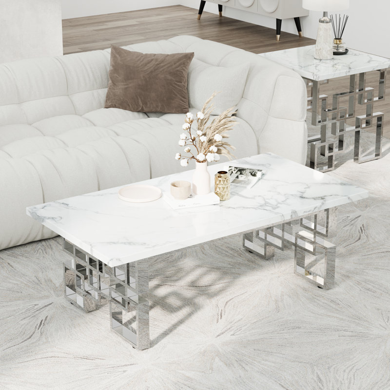 Ensemble de 4 tables basses de salon 4 pièces en faux marbre et argent