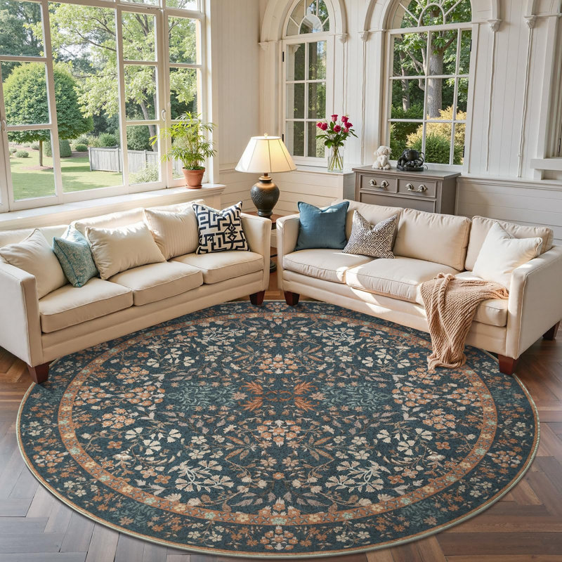 Floral Machine Washable Area Rug, Round 7'
