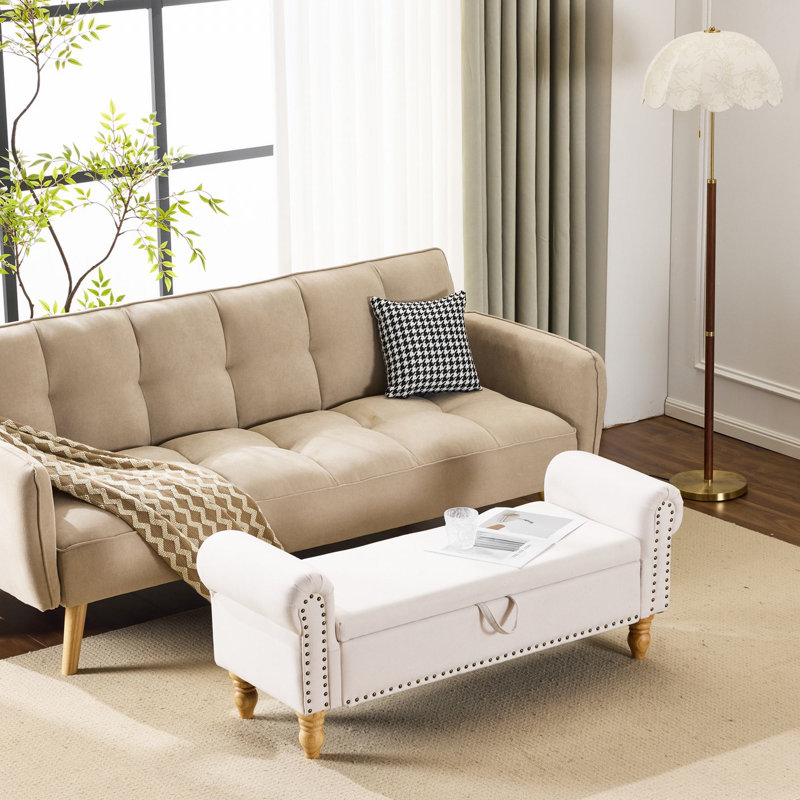 Banc de rangement rembourré en lin Saly, Brun, Beige