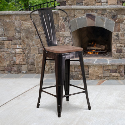 Marian Metal Bar or Counter Height Stool with Back and Wood Seat