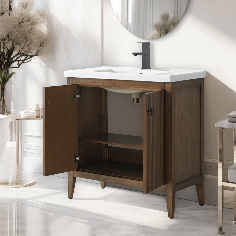 Meuble-lavabo sur pied à simple cuve 30 po avec plateau en céramique blanche, Noyer linéaire, Noir mat, 30"
