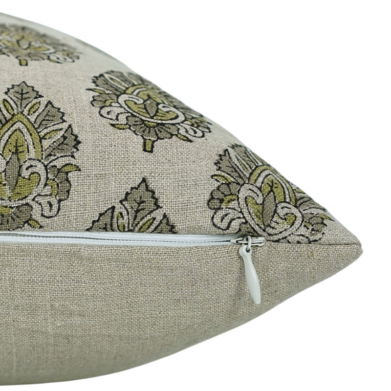 Coussin décoratif en lin imprimé à la main à motif de blocs de feuilles de Betal pour canapé, canapé et décoration intérieure