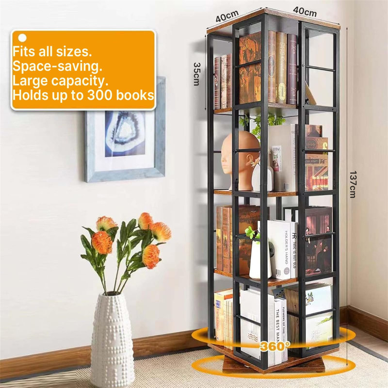 5 Tiers Rotating Bookshelf, Corner Bookcase, 360 Display Wood Spinning Bookshelf