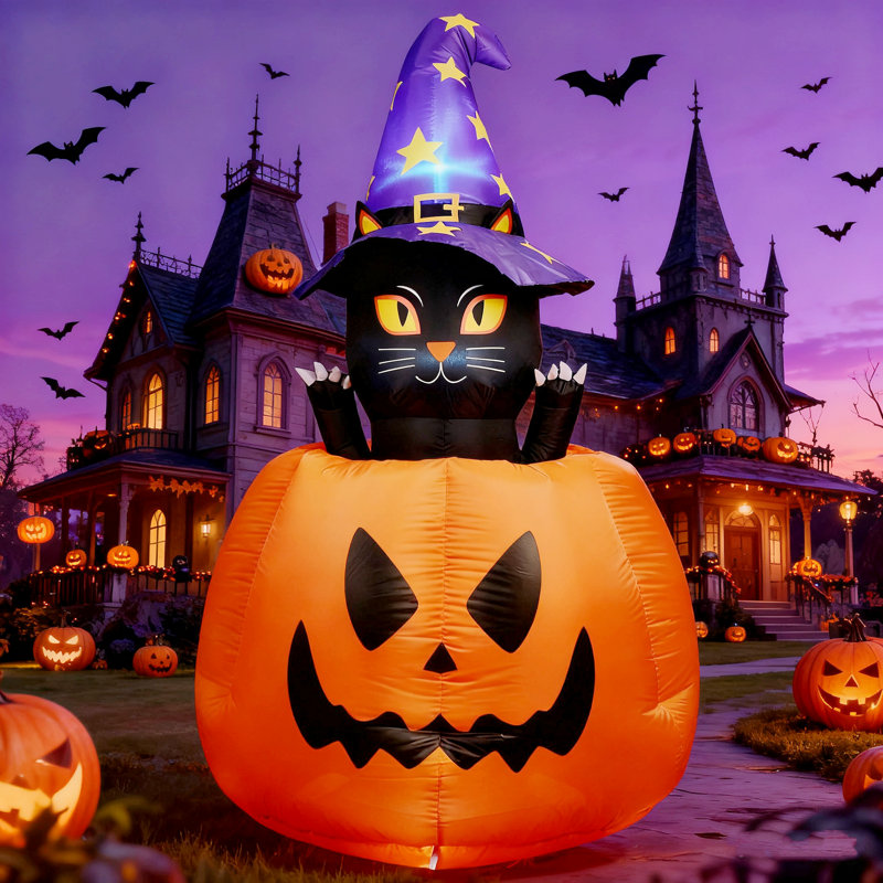 Chat de sorcière gonflable d'Halloween 5,3 pi en citrouille