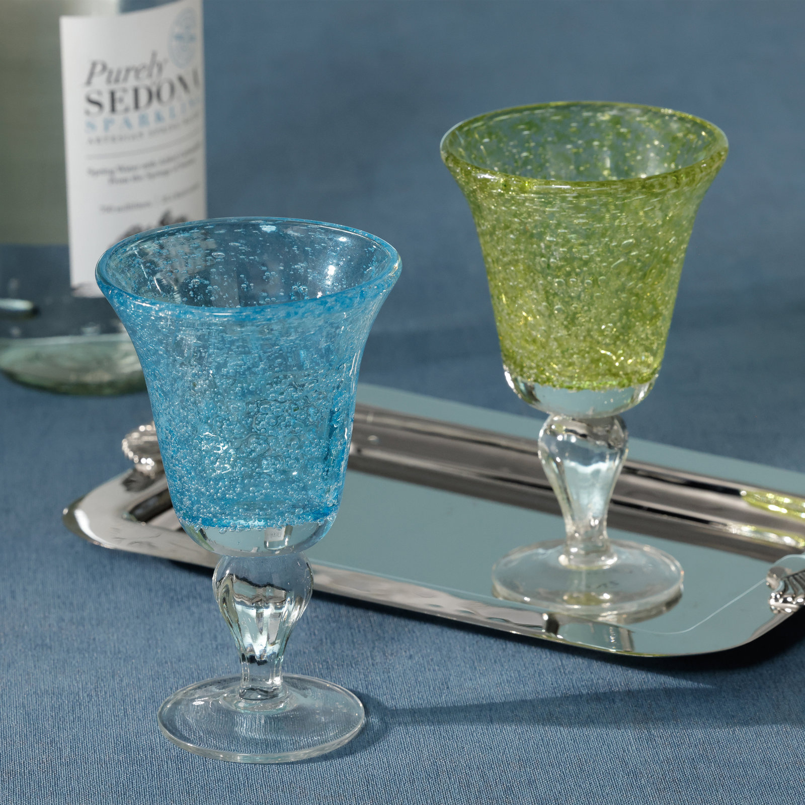 Antibes Bubble Wine Glasses, Set of 4, Blue with Clear Base