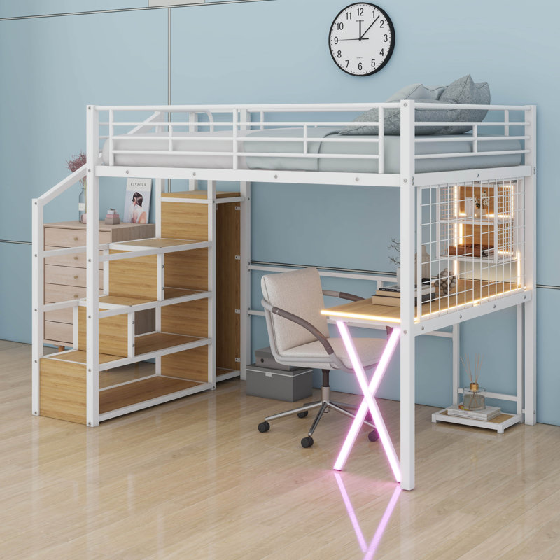 Lit mezzanine double avec bureau et escalier de rangement, lit mezzanine en métal avec éclairage DEL, lit mezzanine haut avec garde-robe et tablettes
