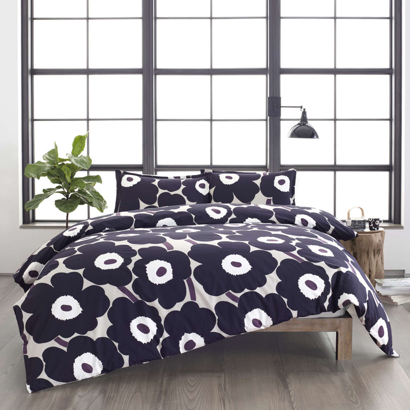 Marimekko Unikko Cotton Red Duvet Cover Set, Queen Duvet Cover + 2 Shams, Orange