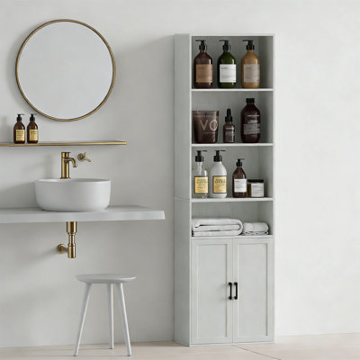 Retro White Tall Bathroom Floor Cabinet With Wide 4-Tier Shelf