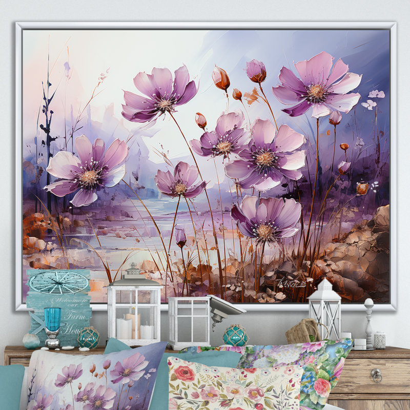 «Violets Flowers Country Charm» sur toile, H 16 po x l 32 po x P 1 po, Cadre flottant blanc