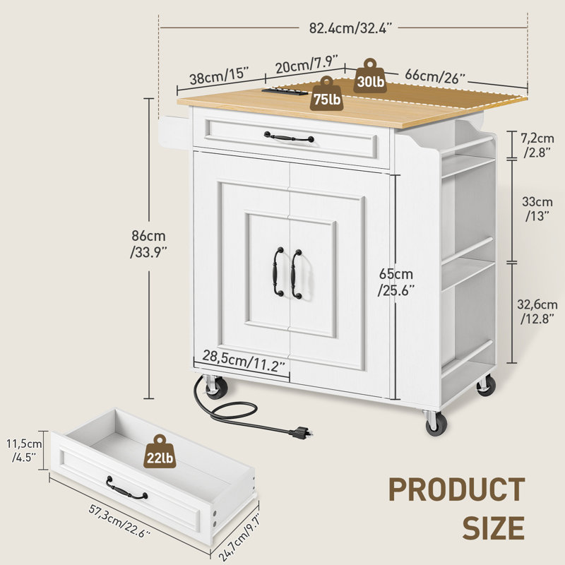  32.4" Kitchen Island with Power Outlets & Drop Leaf, Rolling Kitchen Cart on Wheels, Kitchen Storage Island with Spice Rack and Drawer