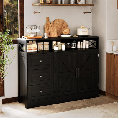 47" Farmhouse Sideboard Buffet Cabinet with Drawers & Built-In Power Hub, Rustic Coffee Bar Pantry Storage Cupboard for Living or Dining Room