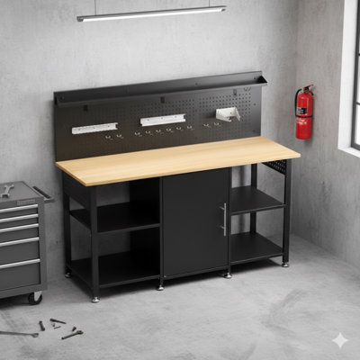 60-Inch Heavy-Duty Workbench With Storage Cabinet, Wooden Top, 2000 Lbs Capacity, Large Garage Work Table With Pegboard And Power Outlet