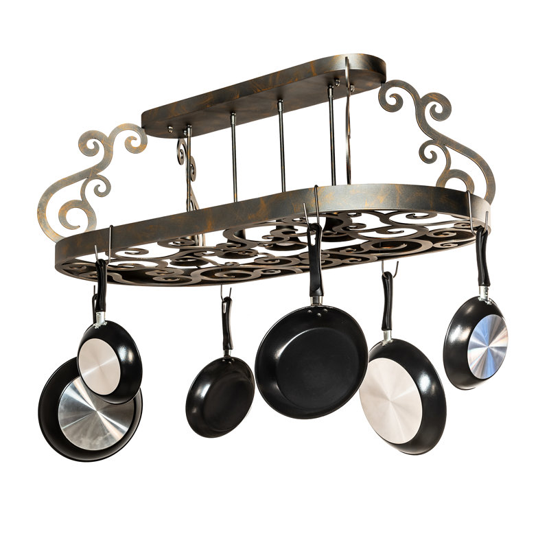 48" Bronze Metal Oval Hanging Pot Rack with Chocolate Glass