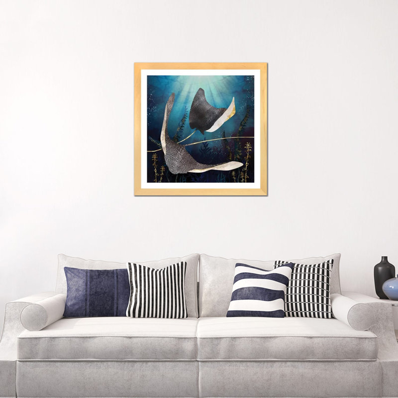 Stingray métallique - impression, 24" H x 24" W x 1'' D, Toile avec cadre en bois beige, Blanc
