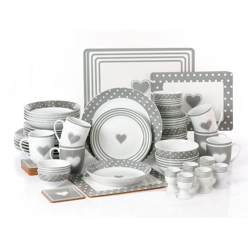 Waterside 56pc Grey Heart Porcelain Combo Dinner Set