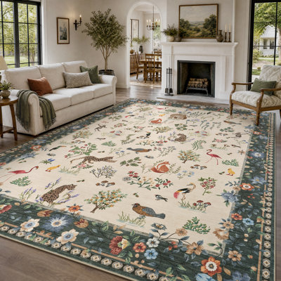 Tapis lavable antidérapant à motifs animaux et plantes fantaisistes