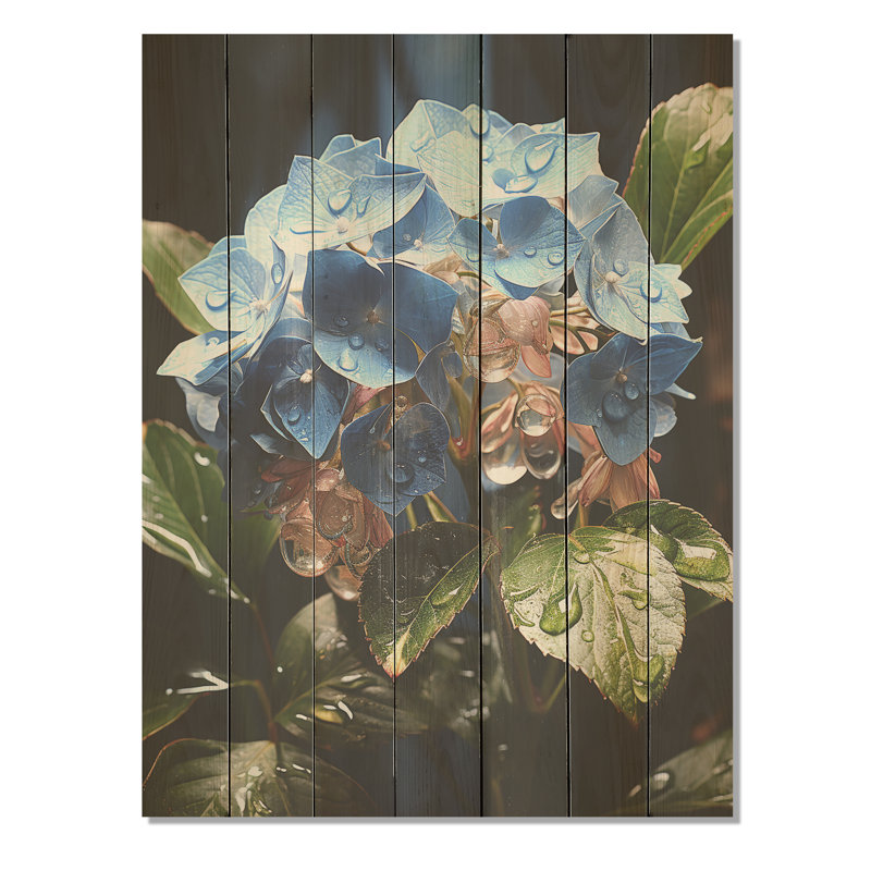 Hydrangées bleues, élégance de fleurs - hydrangées sur bois, H 20 po x l 10 po
