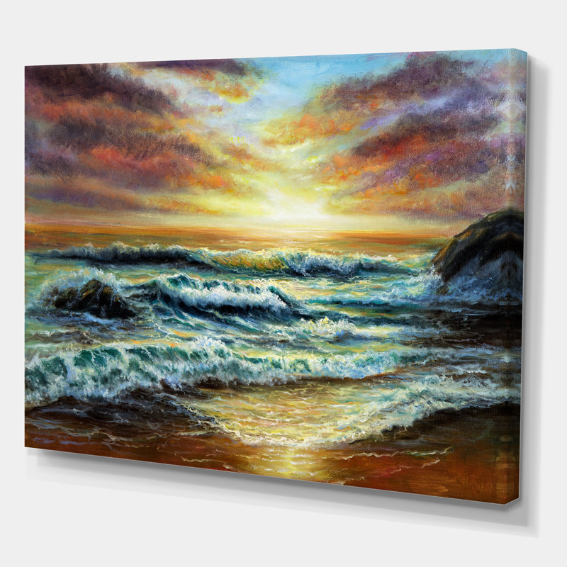 Magnifique coucher de soleil sur une vague sauvage de l'océan - reproduction d'art sur toile, H 30 po x l 40 po x 1,5 po