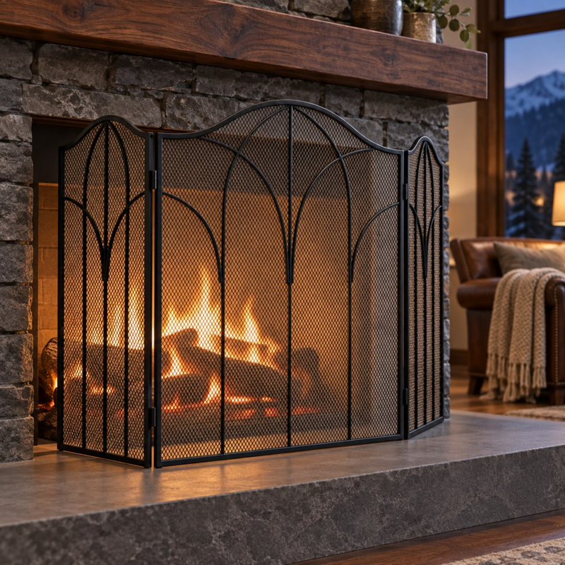 48" 3-Panel Wrought Iron Fireplace Screen with Foldable Spark Guard
