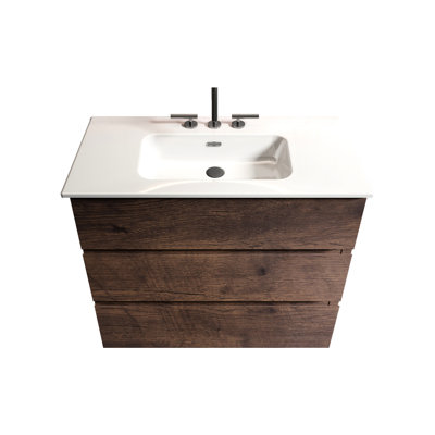 Meuble-lavabo de 36 po en noyer - espace de rangement massif, lisse, lavabo blanc, pré-assemblé, autoportant, sans drain et robinet