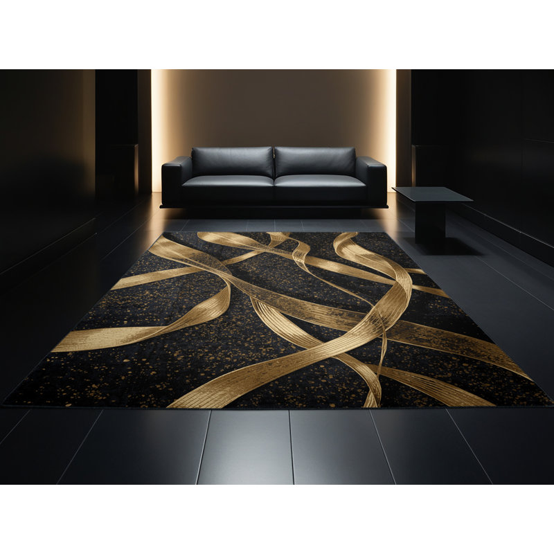 Machine Washable Ahart New Years Modern & Contemporary Abstract Rug in Black – Black Binding, 7x9