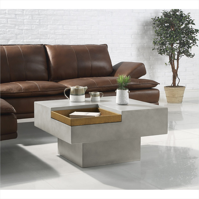 Table basse carrée en béton gris ardoise avec plateau amovible et base piédestal