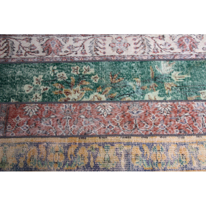 Tapis vintage rétro Oushak en vert - Petit motif patchwork antique idéal pour les vestibules