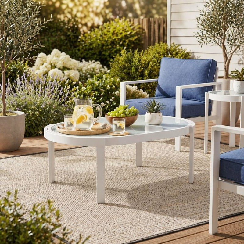 Table basse d'extérieur moderne avec plateau en verre trempé