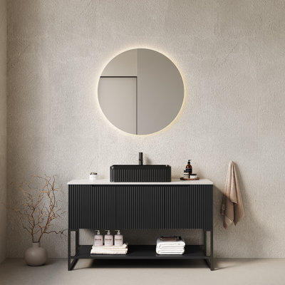 TULIO 48" Bathroom Vanity With Vessel Sink, Freestanding Bathroom Storage Cabinet With 3 Doors And Open Shelf, Black Rectangular Ceramic Basin And Carrara White Sintered Stone Counter Top, Black Color