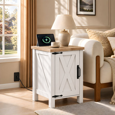 Adaija 18" W Nightstand with Charging, Farmhouse End Table with Barn Door and 3-Level Shelf Storage, Rustic Side Table with AC & USB Power Outlets for Bedroom and Living Room