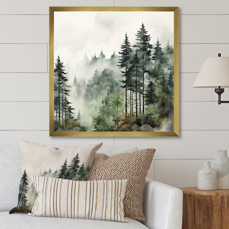 «Forest Pine Tree Misty Morning I», reproduction d'art sur toile, forêt pin, Doré, H 36 po x l 36 po, Picture Framed