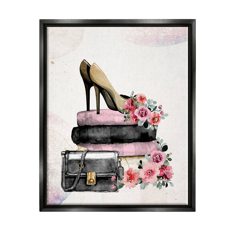 «Glam Floral Heels», reproduction encadrée sur toile par Kim Allen, H 21 po x l 17 po x P 1,7 po, Cadre flottant noir de jais