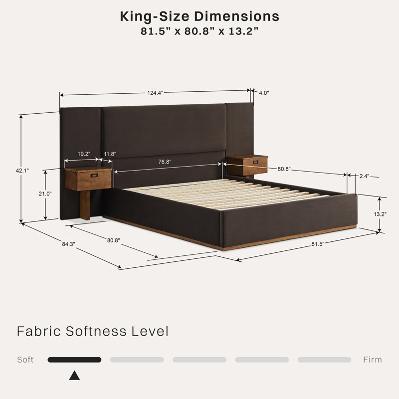 Dahlia Upholstered Bed LED Headboard and USB A + C Side Tables in Velvet Fabric, Brown, Queen