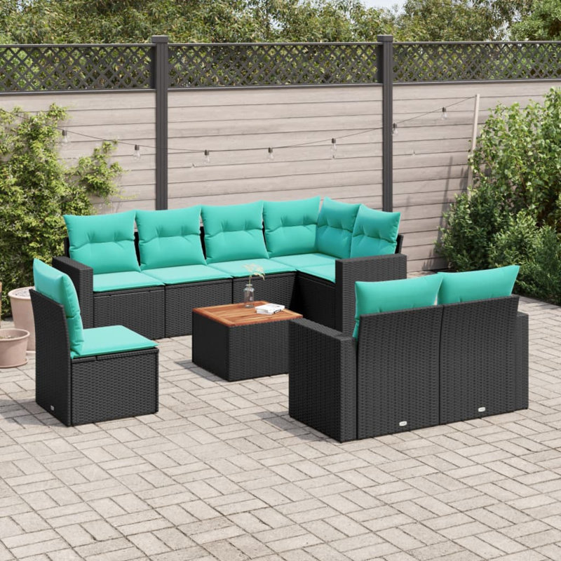  Ensemble de canapé de patio 9 pièces avec coussins en rotin de polyester noir