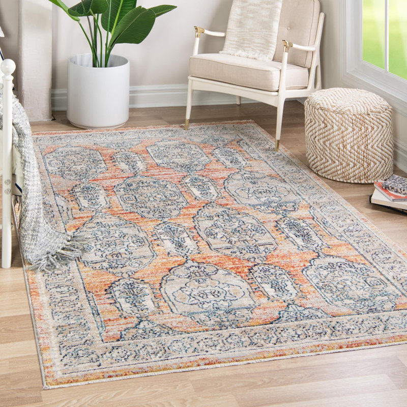 Tapis traditionnel Opel rouge brique / bleu clair, Rectangle 7 pi 10 po x 10 pi 2 po