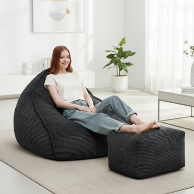 Bean Bag Chair with Ottoman for Adults, Large Corduroy Bean Bag Couch, Boneless Cloud Chaise Lounge Reading Chair with High-Resilience Foam, Floor Lounger for Bedroom Living Room(Gray)