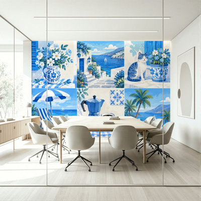 Peel and Stick Large Full Wall Mural Blue White Coastal Charming flowers cats seaside elements Removable Self Adhesive Wallpaper Roll Decorative Accent Wall Covering Renter Friendly Wipe Clean for Living Room Bedroom Nursery Kids Room