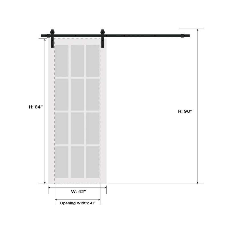 Quadro Frosted Glass Barn Door with Installation Hardware Kit, Black, Matte Black, 42" x 84"