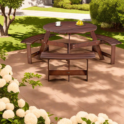 Ensemble de salle à manger de patio rustique, table ronde en bois et métal avec bancs pour la cour arrière