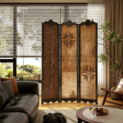 Vintage Art Carved Solid Wood Foldable Room Divider, Movable 3-Panel Partition Screen