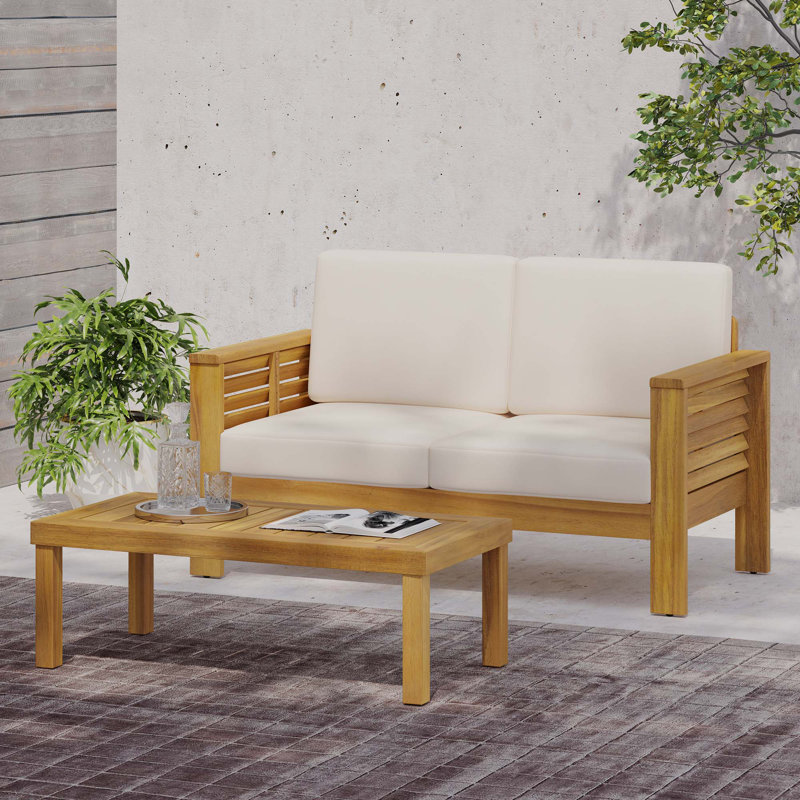 Ensemble de conversation avec coussins Zytaevius, Structure teck / coussin crème, 4 pièces: table, causeuse, 2 chaises