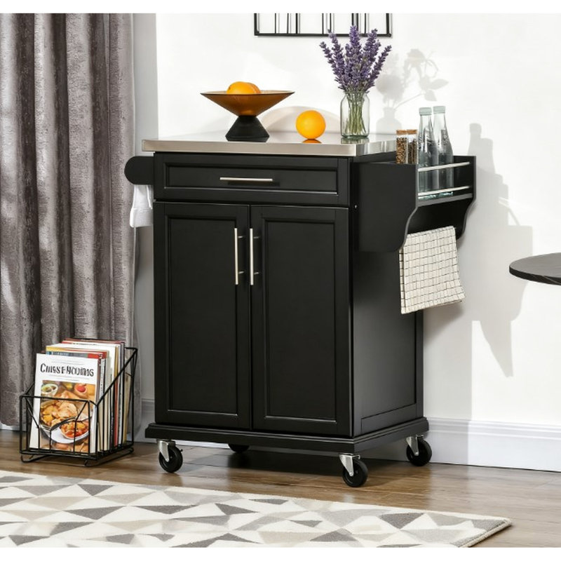Chariot de cuisine à roulettes avec plateau en acier inoxydable, tiroir et placard pour ustensiles de cuisine et vaisselle, porte-serviettes, rangement pour épices - Gain de place, noir, 84 cm L x 46 cm l x 91 cm H, roulettes, idéal pour un comptoir ou un petit électroménager.
