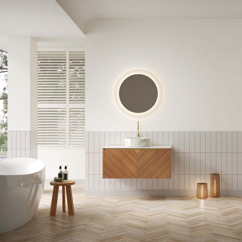 Ruben 36" Bathroom Vanity&sink, Floating Plywood Storage Cabinet, Twill Double Doors With Metal Trim, Stone Pattern White Round Ceramic Vessel Basin&sintered Stone Top, Corolla Oak Woodgrain Color