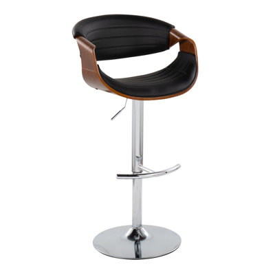 Mid-Century Modern Adjustable Barstool With Swivel In Chrome Metal, Walnut Wood And Grey Faux Leather With Rounded T Footrest By  - Set Of 2