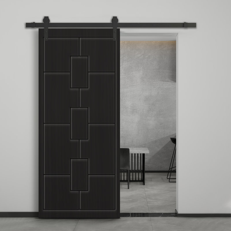 Porte de grange à panneaux et en bois manufacturé avec quincaillerie d'installation, 36 po x 80 po, Noir, Noir mat
