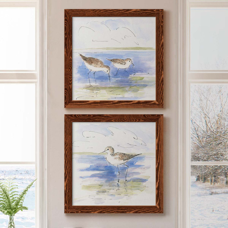 Oiseaux de rivage croquis I - ensemble de 2 peintures sur toile encadrées, H 20 po x l 40 po x P 1,5 po, Érable encadré
